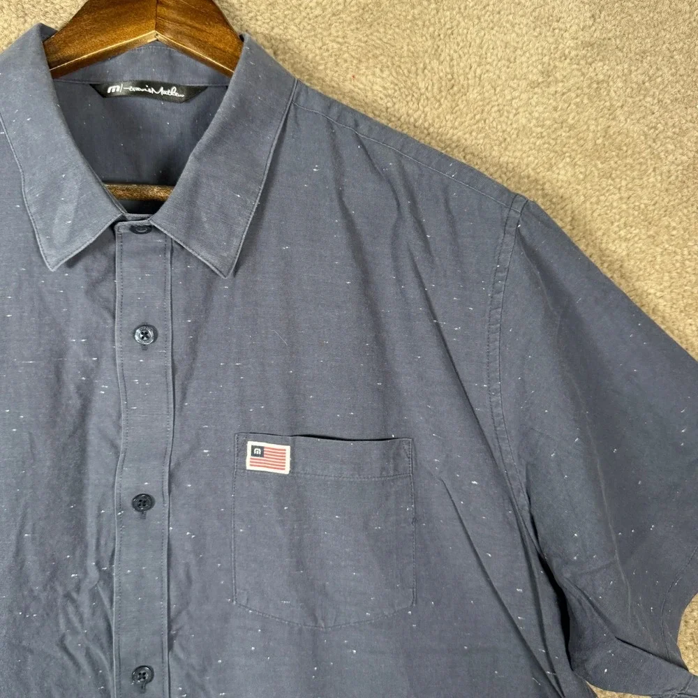 TravisMathew Button Down Shirt Mens XXL Blue USA Flag Logo Short Sleeve Golf